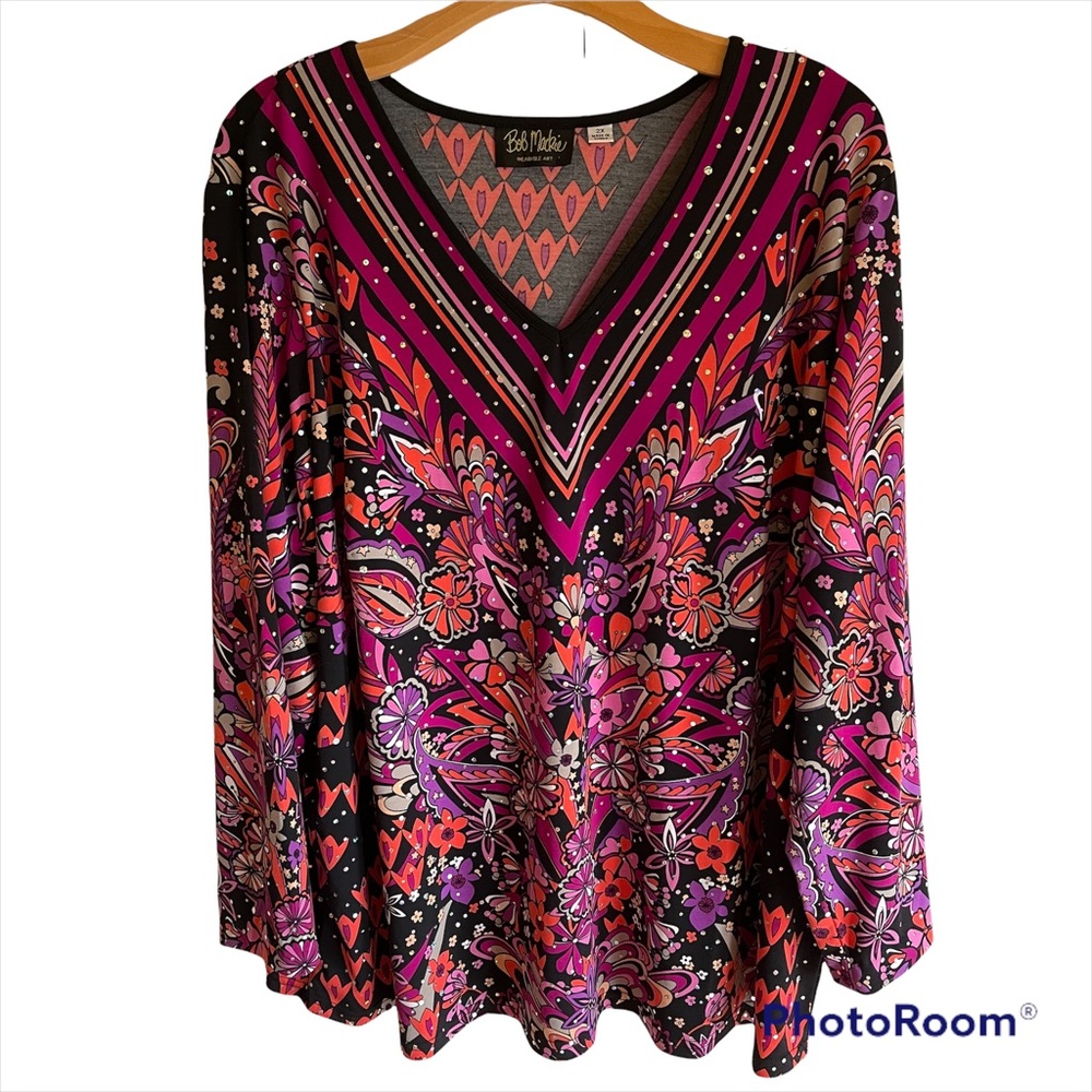 Bob Mackie Embellished Tunic Top, Blouse - V Neck - Size 2X